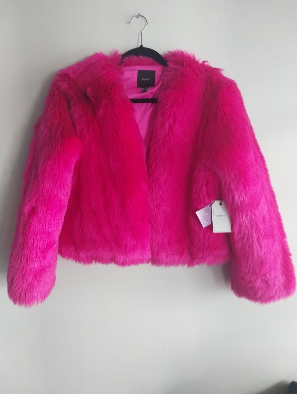 Forever 21 Premium Label Party Collection Hot Pink Faux Fur Open Shag Jacket NWT